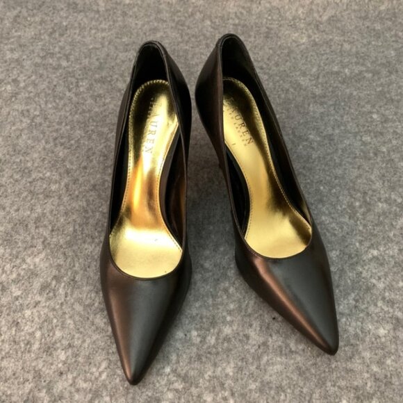 Lauren Ralph Lauren Sarina Women's Black Leather Heel Pointed Toe Pump Shoes - Picture 2 of 13